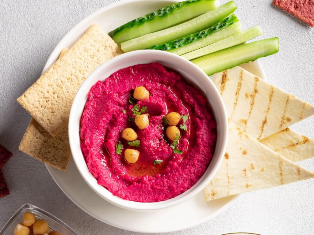 Whole Wheat Triangle Crisps with Beetroot Hummus using B-well Ingredients